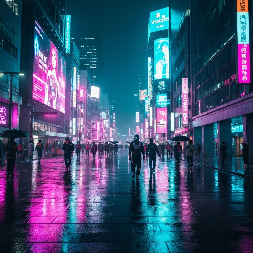 Neon-lit cyberpunk city streets at night, rain reflections, holographic billboards, futuristic Tokyo aesthetic