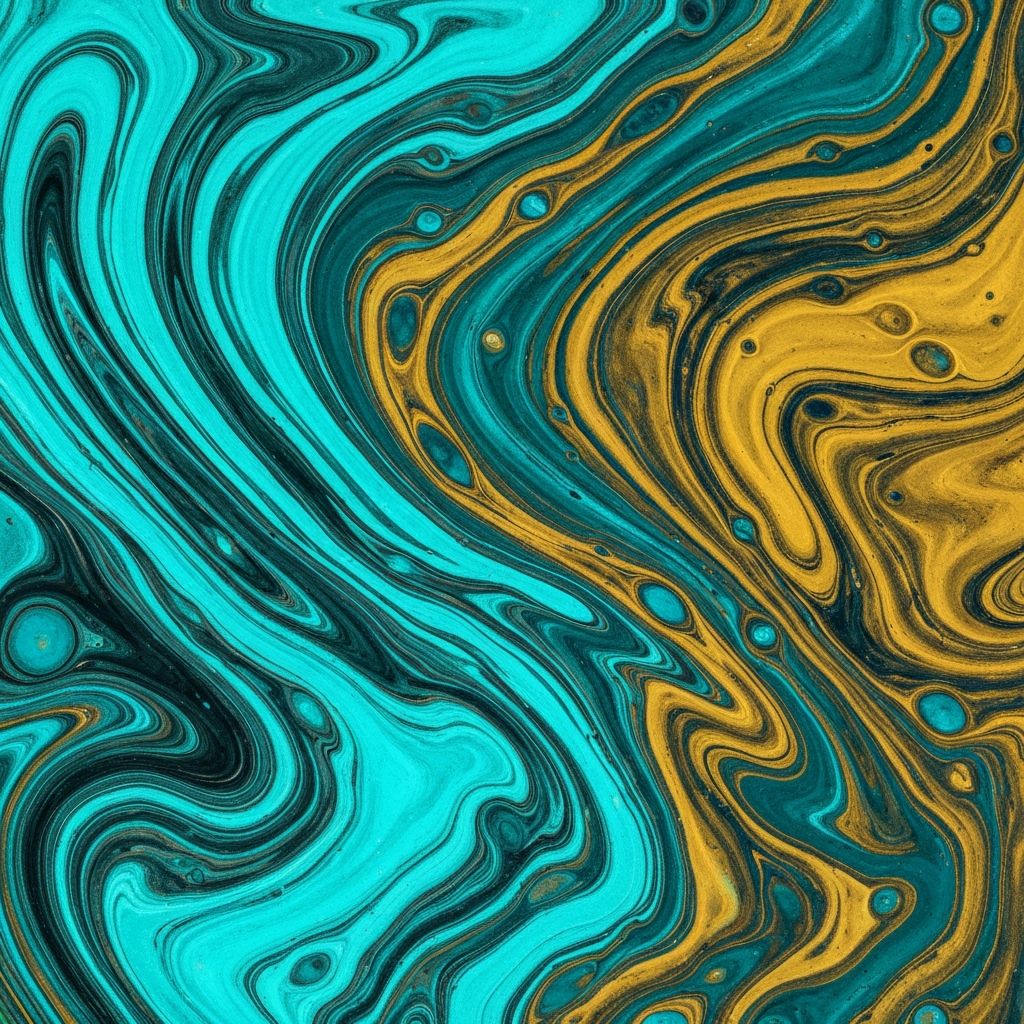 Abstract fluid art with vibrant swirling colors, marble texture, flowing liquid patterns in teal, cyan and gold