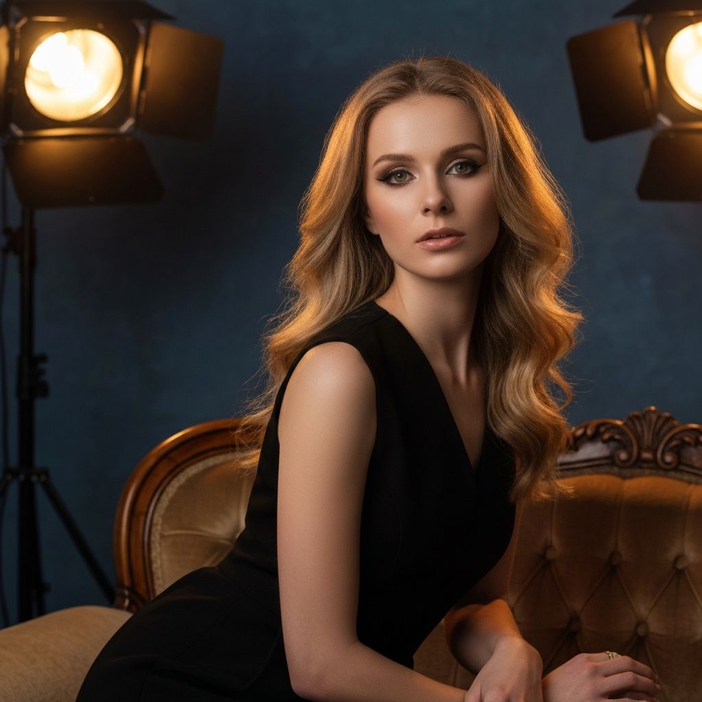 Professional cinematic portrait with dramatic studio lighting, soft shadows, high fashion photography style