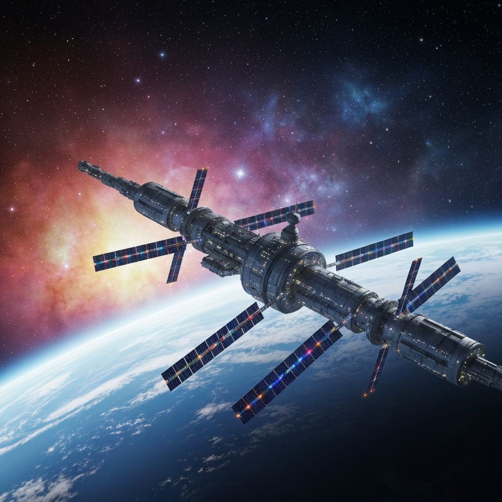 Futuristic space station orbiting Earth with glowing lights and solar panels, dramatic lighting, cinematic sci-fi style